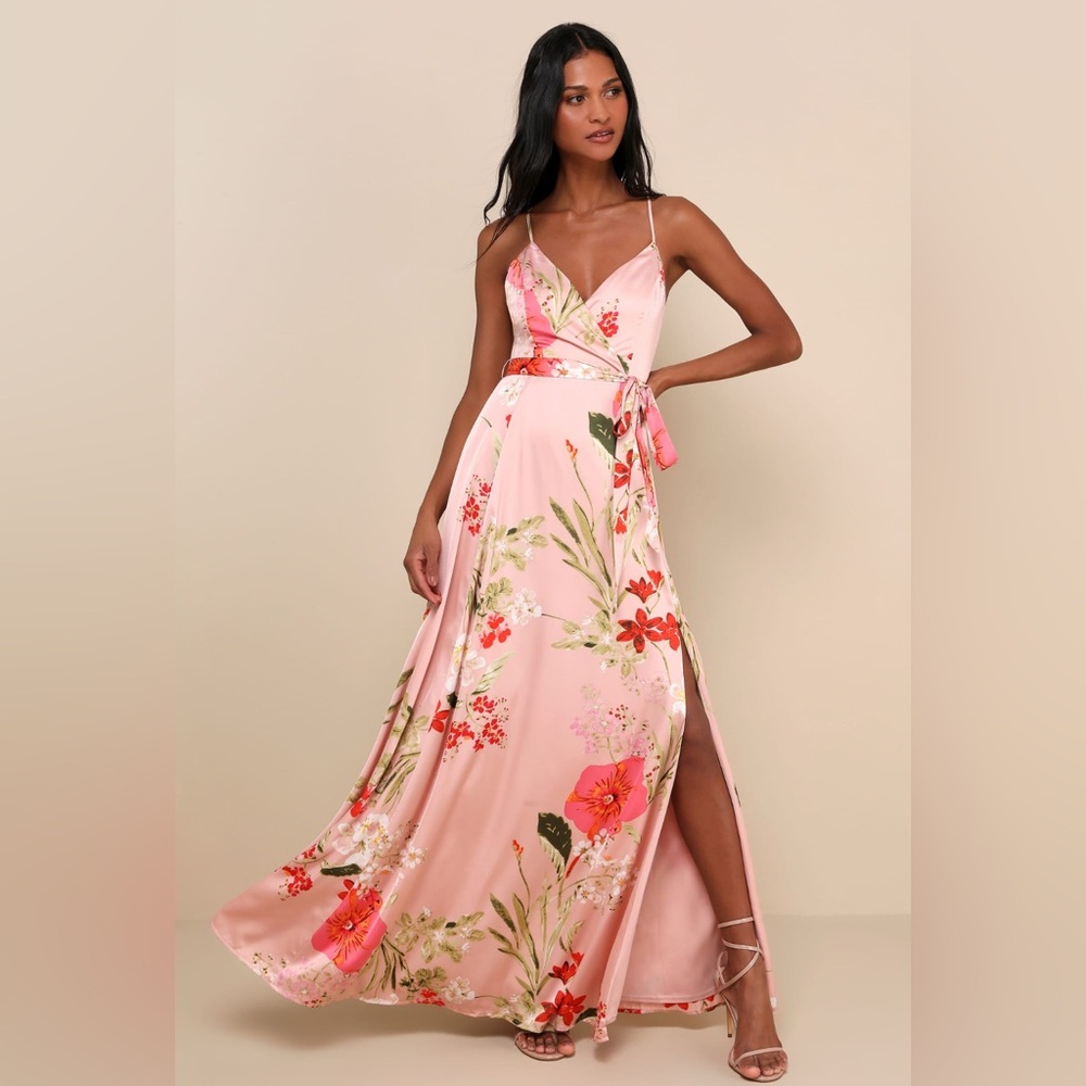 Lulu's Pink Floral Maxi Dress with Spaghetti Straps